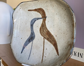 Vintage Fletcher Stoneware Footed Storck Catchall Shallow Bowl Flared Corner California Modern Pottery