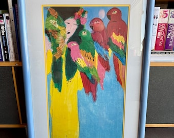1980s Walasse Ting Chinese Fortune Teller Art Unlimited Exhibition Lithograph Poster Postmodern Custom Lacquered Frame