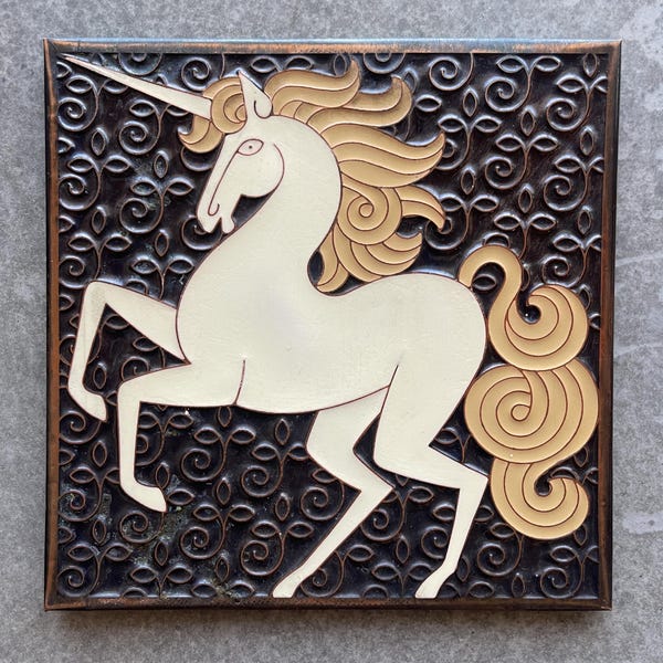 70s Donald J Handel Cloisonnesque Copper Enamel Unicorn Plaque Mid Century Modern Mixed Media Tray Wall Art