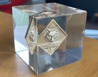 Escultura pisapapeles de bloque de lucita con medallón de Cub Scouts de estilo vintage
