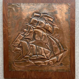 Vintage Hammered Copper Metal Ship Wall Sculpture Mid Century Nautical Design Brutalist