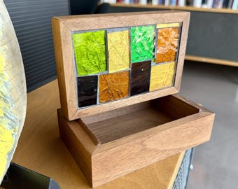 Vintage 1960s Georges Briard Teak Mosaic Glass Lidded Wood Box Signed