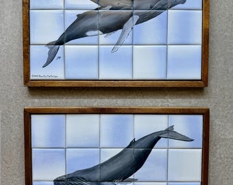Vintage 1984 Hawaiian Pacific Tile Designs Set Humpback Whale Ceramic Tile Murals Koa Wood Frames