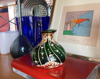 30s Bohemian Glass Hand Painted Enamel Bottle Bud Weed Vase