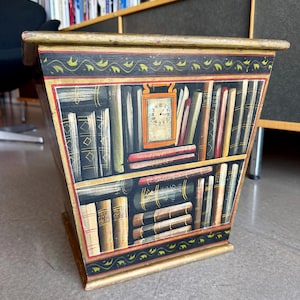 Vintage 1950s Trompe l’Oeil Painted Wood Book Motif Cachepot Planter Basket Fornasetti Style