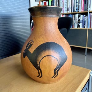 Vintage Mexico Folk Art Pottery Vase Hand Painted Terracotta Vessel Rabbit Caterpillar Design