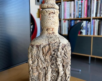 Italian Vintage Cork Wood Sardinia Decanter Empoli Brutalist Glass