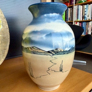 Vintage Southwest Desert Landscape Studio Pottery Vase Signed Postmodern Art Ceramic