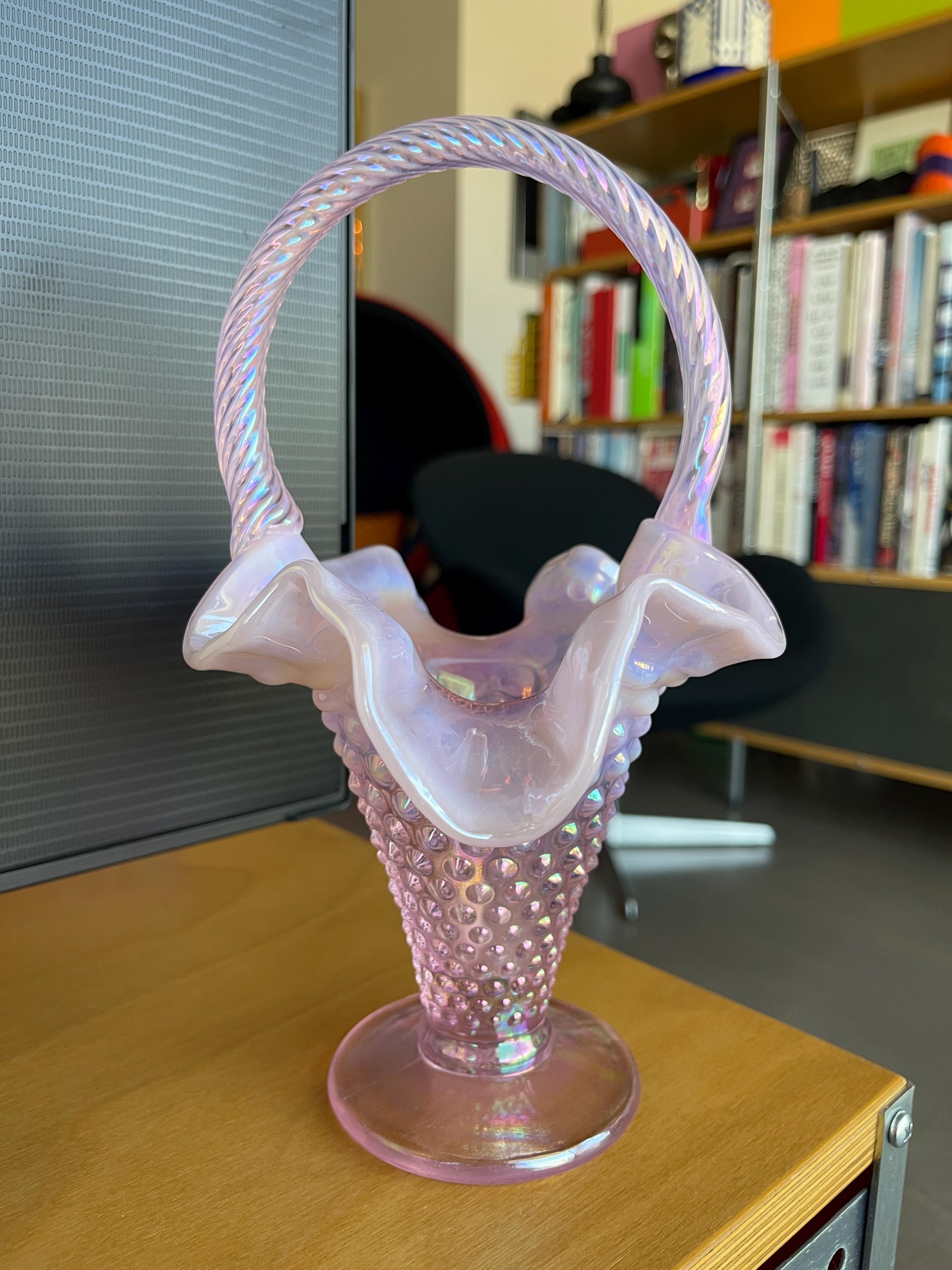 フェントン ピンク オパールセント 虹彩ホブネイルガラス バスケット