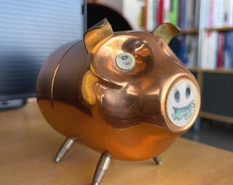 Vintage Metal Pig Bank Hologram Eyes Copper Brass Leonard Hong Kong
