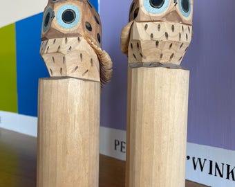 Vintage Japanese Sasano Bori Wood Owl Sculpture Set Art Originals