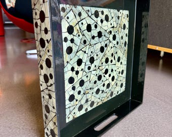 Vintage Toyo Geometric Mid-Century Modern Black Cream Shell Lacquer Square Serving Tray