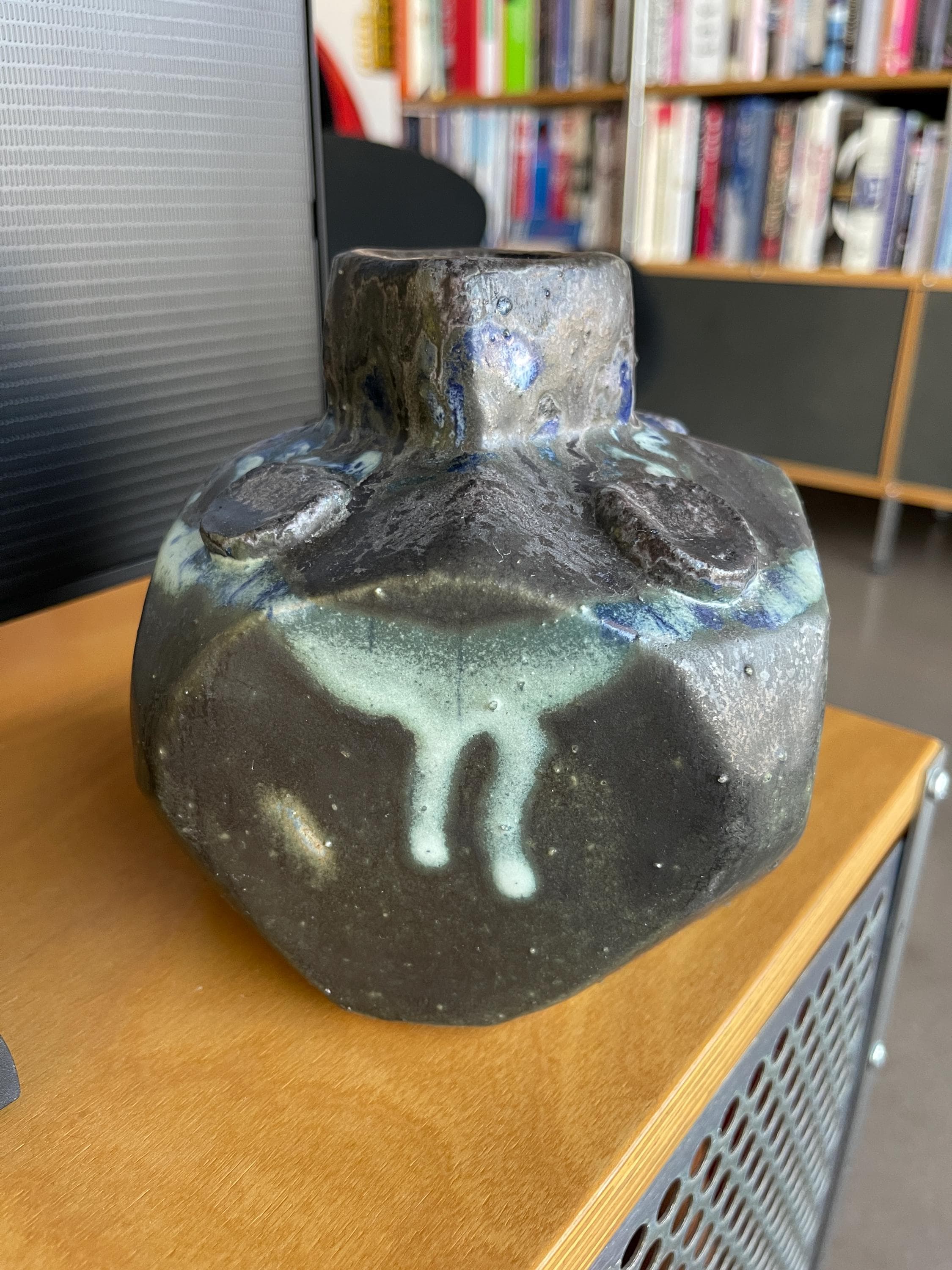 Vintage Brutalist Signed Geometric Ceramic Vase Cube Form