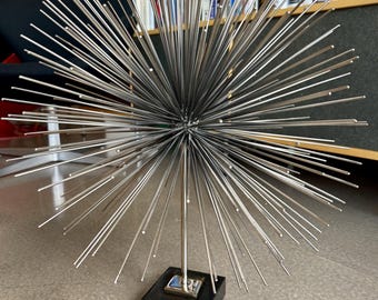 Global Views Metal Starburst Urchin Tabletop Sculpture Marble Base Plinth Brutalist Metal Industrial Sputnik