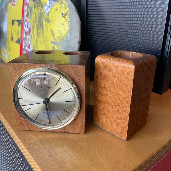 Vintage Solid Wood West Germany Desk Clock Quartz Set Tharpe Dapco