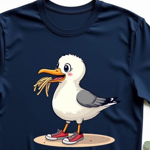 Seagull with Fries and Sneakers T-Shirt, Funny Cool Bird Graphic Tee, French Fry Lover Gift, Quirky Animal Humor Top for Men and Women