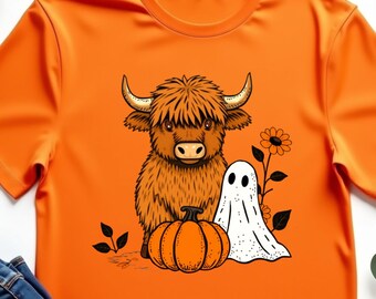 Cute Fall Highland Cow Ghost Spooky Season Funny Shirt, Autumn Farm Animal Halloween Tee, Cozy Rustic Fall Top, Country Pumpkin Patch Outfit
