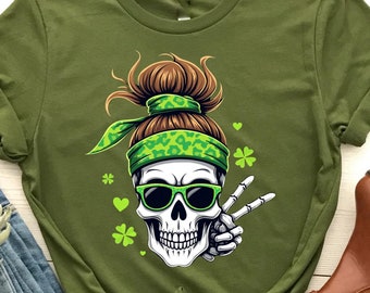 St. Patrick's Day Skull Messy Bun Saint Pattys Paddys Women T-Shirt, Fun Skull Bun, St. Paddy's Day, Messy Bun and Shamrock, Cute Holiday