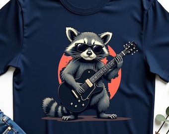 Maglietta carina con procione e chitarrista, divertente maglietta con animale di una rock band, adorabile maglietta per amanti della musica naturalistica, regalo per chitarrista, concerto o festival