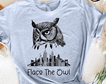 May include: A light blue t-shirt with a black and white illustration of an owl with a city skyline below it. The text "Flaco The Owl" is printed below the image.