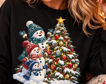Christmas Snowman T-Shirt, Three Snowmen and Decorated Tree Graphic