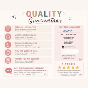 Op de afbeelding: Een informatieve afbeelding met de titel Quality Guarantee die productkenmerken opsomt, waaronder 100% katoen, vintage gewassen look, duurzame stiksels en meerdere maten. Het toont merklogo's voor Gildan, Bella+Canvas, Comfort Colors, American Apparel en Next Level.