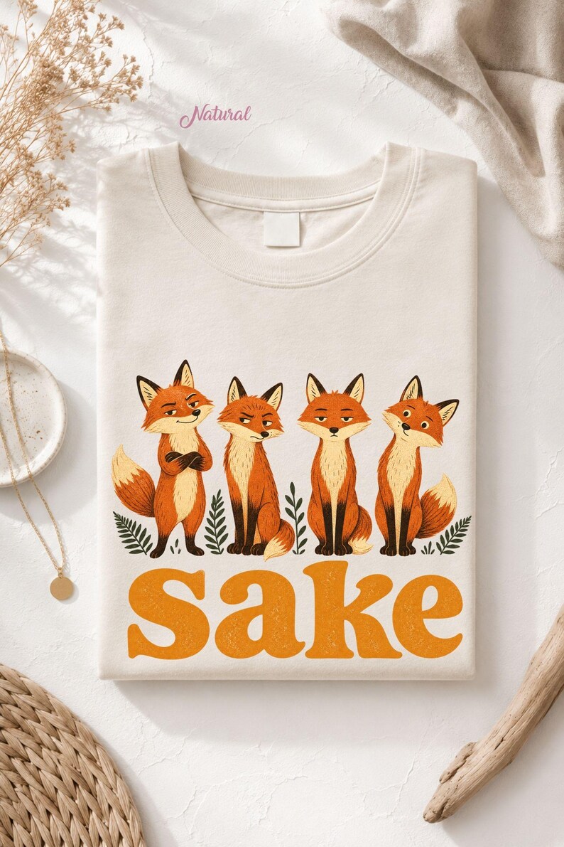 May include: A natural-colored t-shirt featuring a graphic of four orange and white foxes standing among green fern leaves. Below the foxes, the word "Sake" is printed in large, bold, orange letters. The shirt has a crew neckline and a plain label.