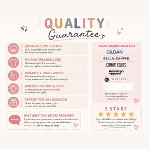 May include: An informational graphic titled Quality Guarantee listing garment features including 100% cotton, vintage washed look, double-needle stitching, and size variety. It displays brand logos like Gildan, Bella+Canvas, and Comfort Colors.