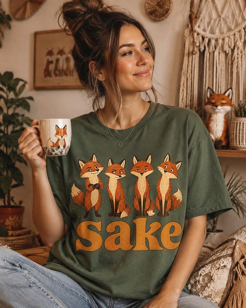 featuring four illustrated orange foxes arranged in a horizontal row. Each fox has a different facial expression, including smug, annoyed, unimpressed, and surprised looks. The animals have cream-colored chests and orange tails with pale tips. Beneath the group is the large word “Sake” in distressed mustard orange lettering. The fox illustrations and word together create a centered graphic across the front of the shirt.