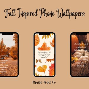 Könnte beinhalten: Drei Handy-Hintergründe mit Herbstmotiven und inspirierenden Zitaten. Der erste Hintergrund zeigt einen Weg durch einen Wald mit Herbstlaub. Der zweite Hintergrund zeigt eine Aquarell-Illustration von Herbstlaub. Der dritte Hintergrund zeigt einen Korb mit Kürbissen und Kürbissen mit einem Zitat über Dankbarkeit.