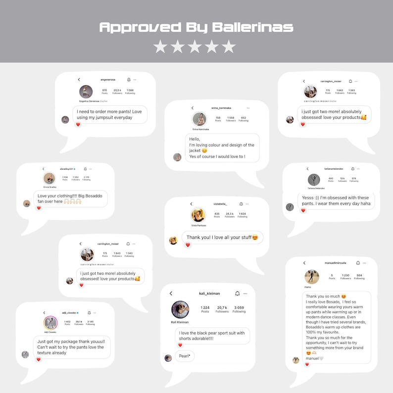 Puede incluir: Un collage de capturas de pantalla de Instagram que muestran comentarios positivos de clientes sobre una marca de ropa. Las rese&ntilde;as destacan la calidad, la comodidad y el estilo de la ropa. La marca se llama "Bosaddo".