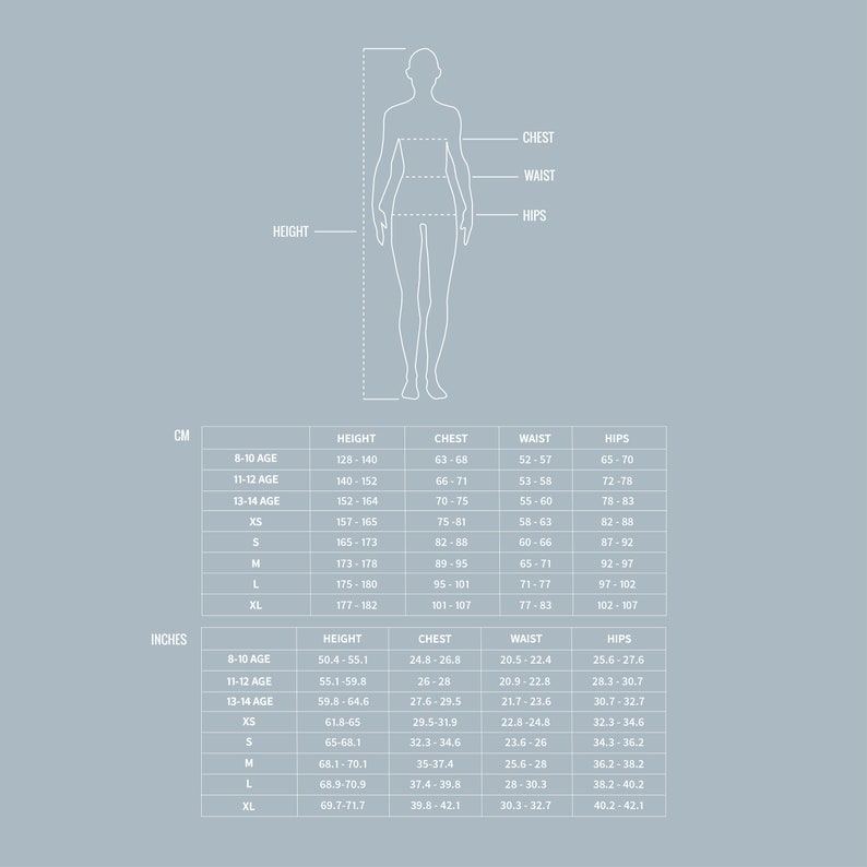 Puede incluir: Una tabla de tallas para ropa de mujer con medidas en pulgadas y cent&iacute;metros. La tabla incluye medidas de altura, pecho, cintura y cadera para diferentes grupos de edad y tallas.