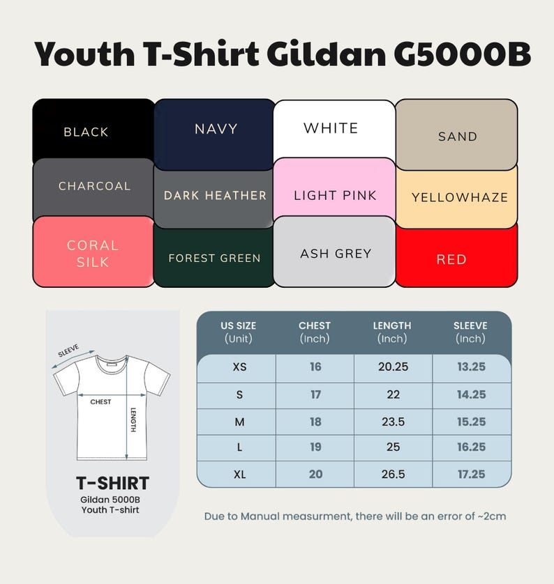 Puede incluir: Una tabla de colores y gu&iacute;a de tallas para la camiseta juvenil Gildan G5000B. La tabla muestra doce muestras de colores que incluyen negro, azul marino, blanco, arena, carb&oacute;n, gris oscuro, rosa claro, amarillo, coral, verde bosque, gris ceniza y rojo.