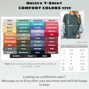 May include: A chart displaying a variety of unisex t-shirt colors, including white, black, and navy. The image also shows a size chart with measurements in inches, and the text "COMFORT COLORS 1717".