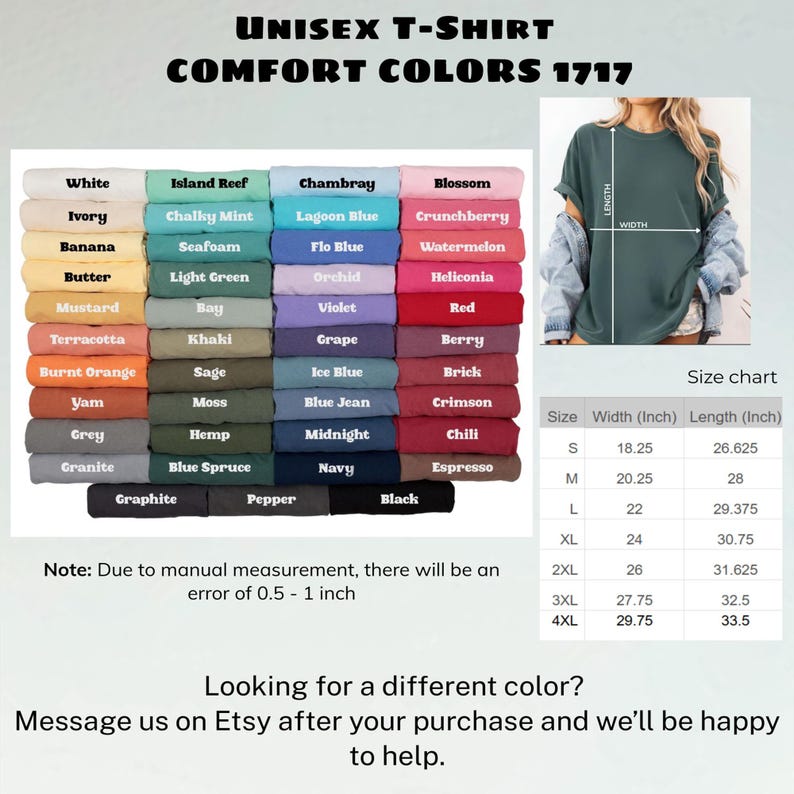 May include: A chart displaying a variety of unisex t-shirt colors, including white, black, and navy. The image also shows a size chart with measurements in inches, and the text "COMFORT COLORS 1717".