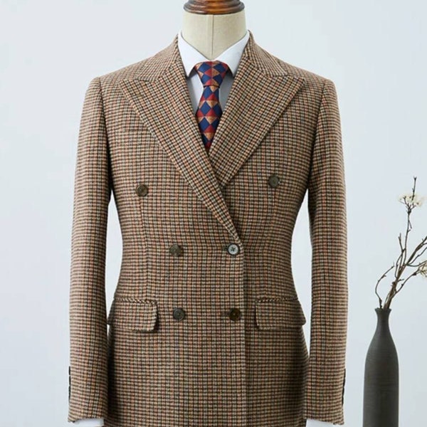 Retro Houndstooth Wool Suit, Tweed Herringbone Suit, Mens Suit for Wedding, Groom wear and Grooms Men Suit, Slim Fit