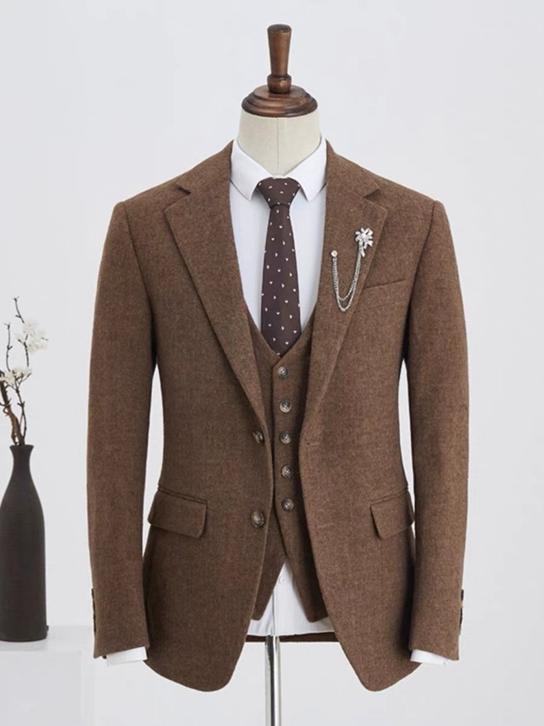 Brown Men Wool Suit, Tweed Herringbone Suit, Mens Suit for Wedding