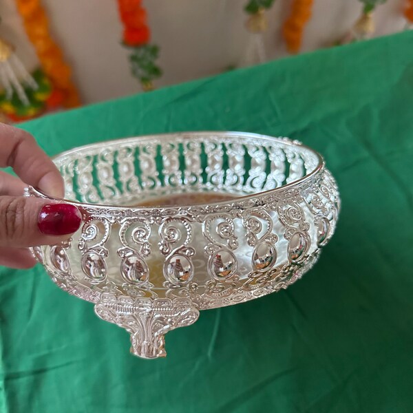 German Silver items , Indian Pooja Items , Indian Collection : Haldi kum kum holder / Laxmi diyas/ plate- Pooja Thali/bowls