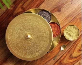 Handmade Indian Brass Spice Box with Spoon, Decorative Kitchen Storage
