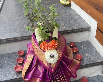 Ready to wear Saree for Varalaxmi/ Varamaha laxmi  ammavaru saree / ashtalaxmi for poooja decor : tulsi plant decor