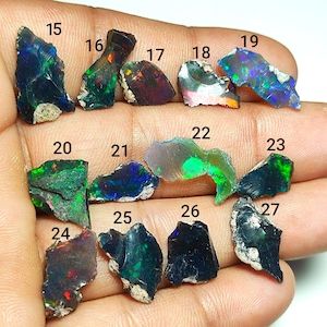 Könnte beinhalten: Eine Sammlung von rohen schwarzen Opal-Edelsteinen, die jeweils einzigartige irisierende Farbblitze in Grün, Blau, Orange und Rot aufweisen. Die Opale variieren in Größe und Form und zeigen natürliche Texturen und Muster. Die Edelsteine sind zur Identifizierung nummeriert.