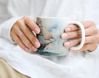 Vintage Aquarell Segelschiff Keramiktasse | Nautisches Ozean-Thema, Strand-Haus-Dekor