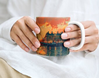 London City Thema, Sonnenuntergang, lebendige Farben, England Wahrzeichen, Tasse, 11 Unze