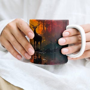 Sylwetka jelenia o zachodzie słońca, ceramiczny kubek, prezent dla miłośnika zwierząt dzikich, kubek do kawy Nature, kubek do herbaty Outdoor Adventure, rustykalny wystrój domku, las