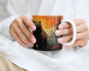 Wilder Bär Ölgemälde Tasse | Natur Sonnenuntergang Keramik Becher 11oz 15oz