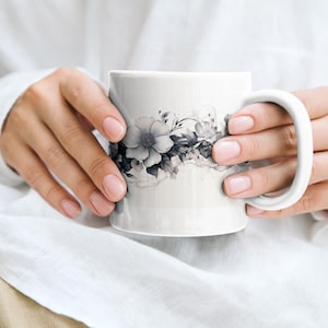 Botanical Ceramic Mug, Black and White Floral Coffee Cup, Tea Mug, Kitchen Decor, Gift for Gardeners, Nature Lovers, Housewarming Gift