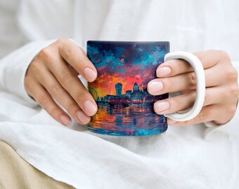 London City, Nachteinstellung, lebendige Farbe, hyperrealistischer Stil, Tasse, 11 Unze