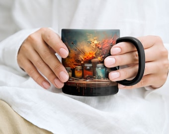 Künstlerische Einstellung, Künstlergeist, Farbexplosion, kreative Elemente, schwarze Tasse, 11oz