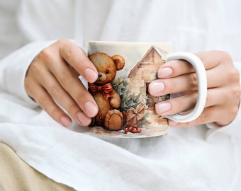Weihnachts-Teddybär-Tasse, Aquarell Holly, Wintergeschenk (11oz)