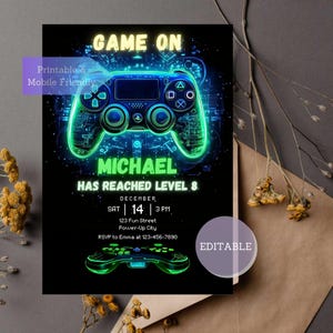 Videospiel Party Einladung Vorlage - Neon Boy Spielparty - Glow Gaming Arcade Geburtstagsparty - Level Up Party einladen